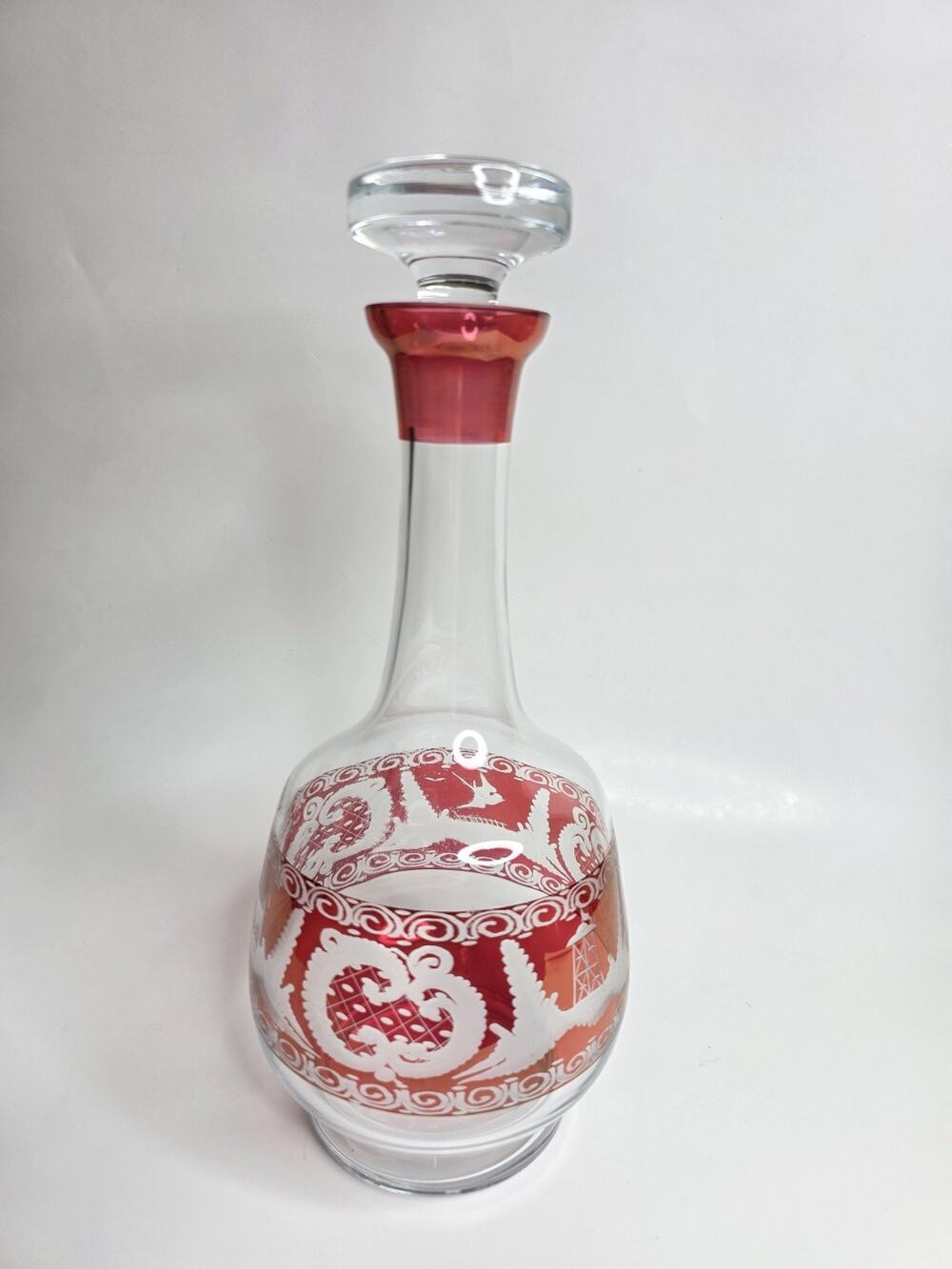 Vintage Bohemian Cranberry Glass Decanter w/ Etched Decoration 12"